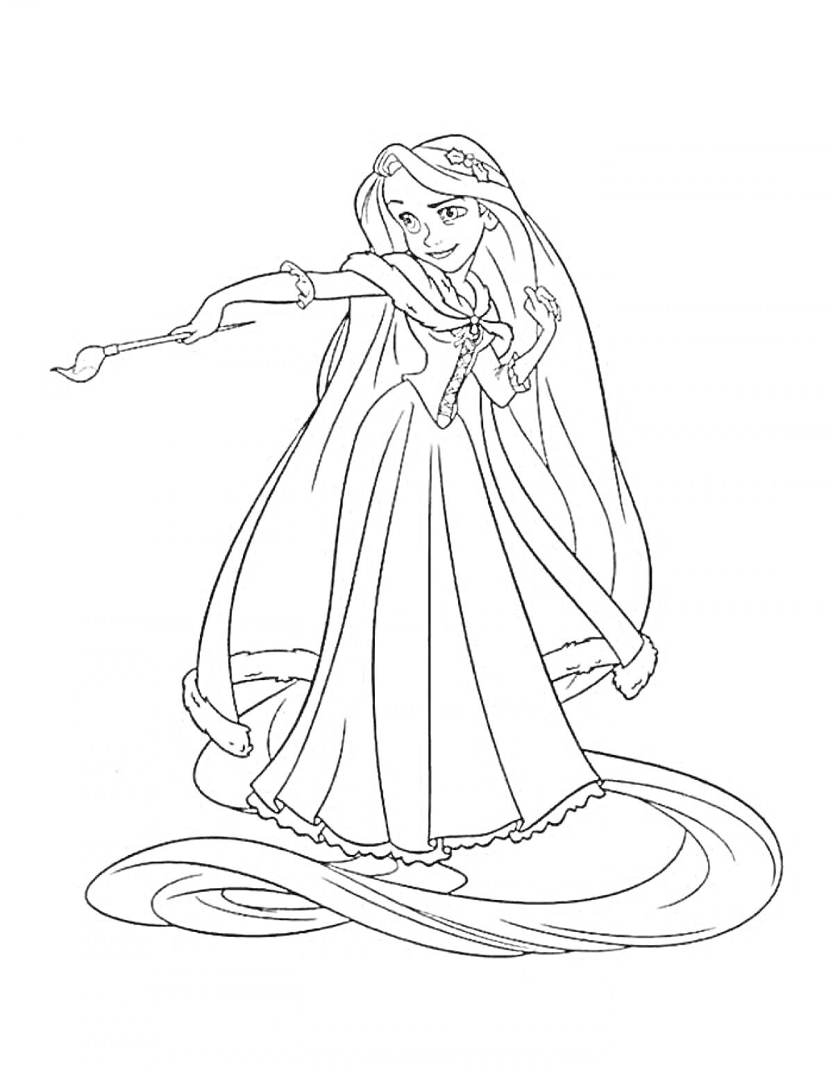 На раскраске изображено: Рапунцель, Длинные волосы, Принцесса, Платье