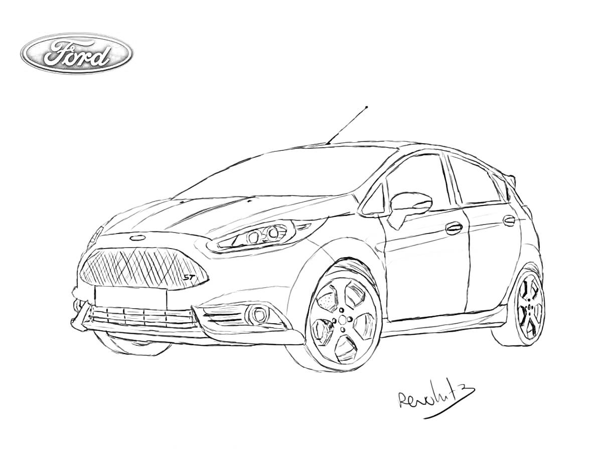 Раскраска Чертеж автомобиля Ford Fiesta со значком Ford и подписью художника