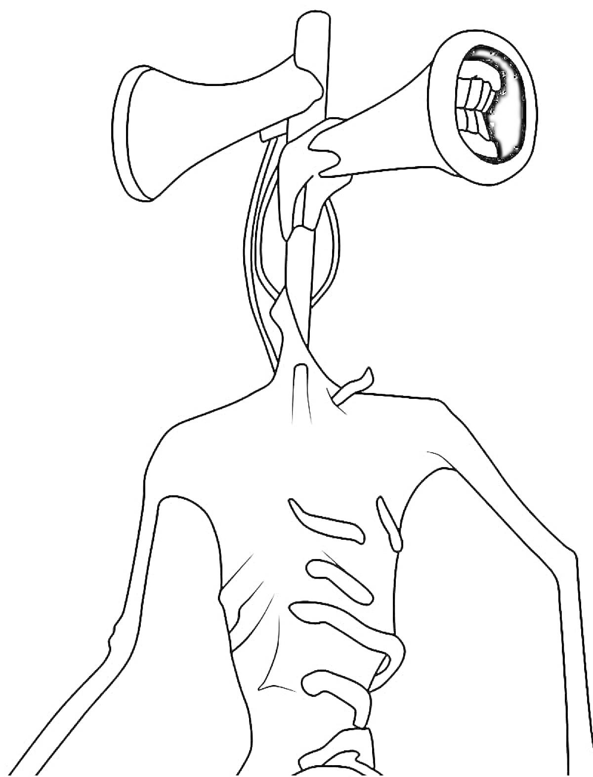 Раскраска Сиренеголовый с двумя сиренами вместо головы, с открытыми ртами, обнаженное ребристое тело