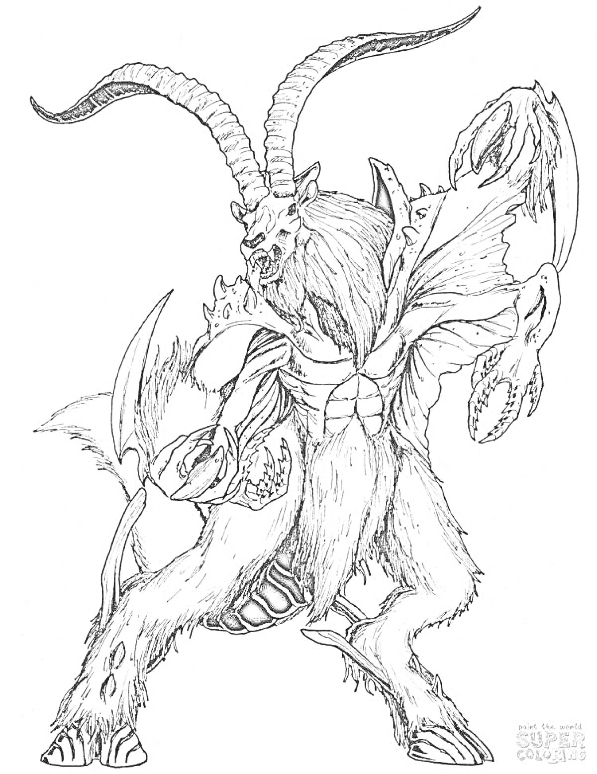 Раскраска Мифическое существо с рогами, клешнями и питающей шубой