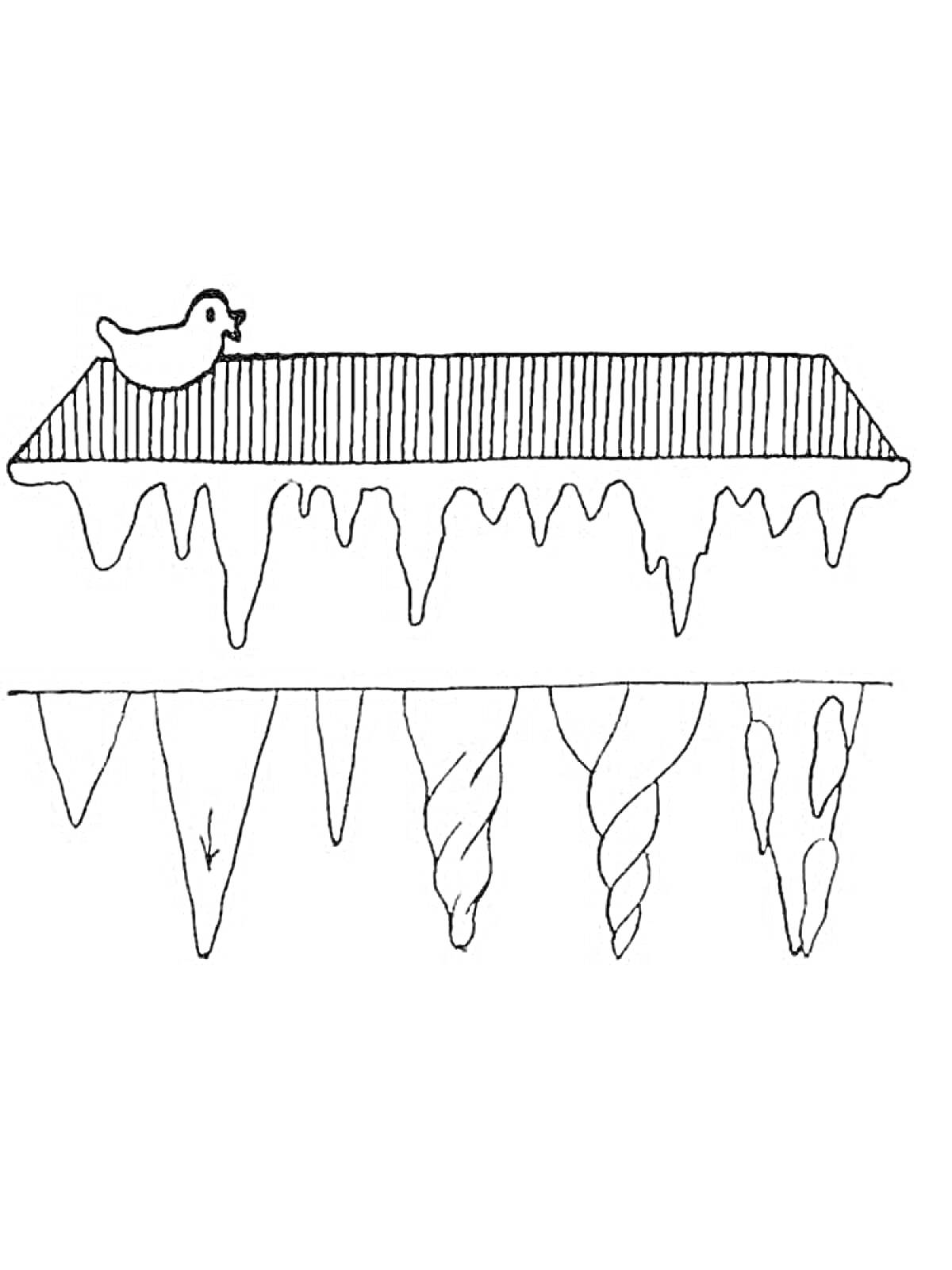 Раскраска Сосульки под крышей с резиновым утёнком, сосульки разных форм