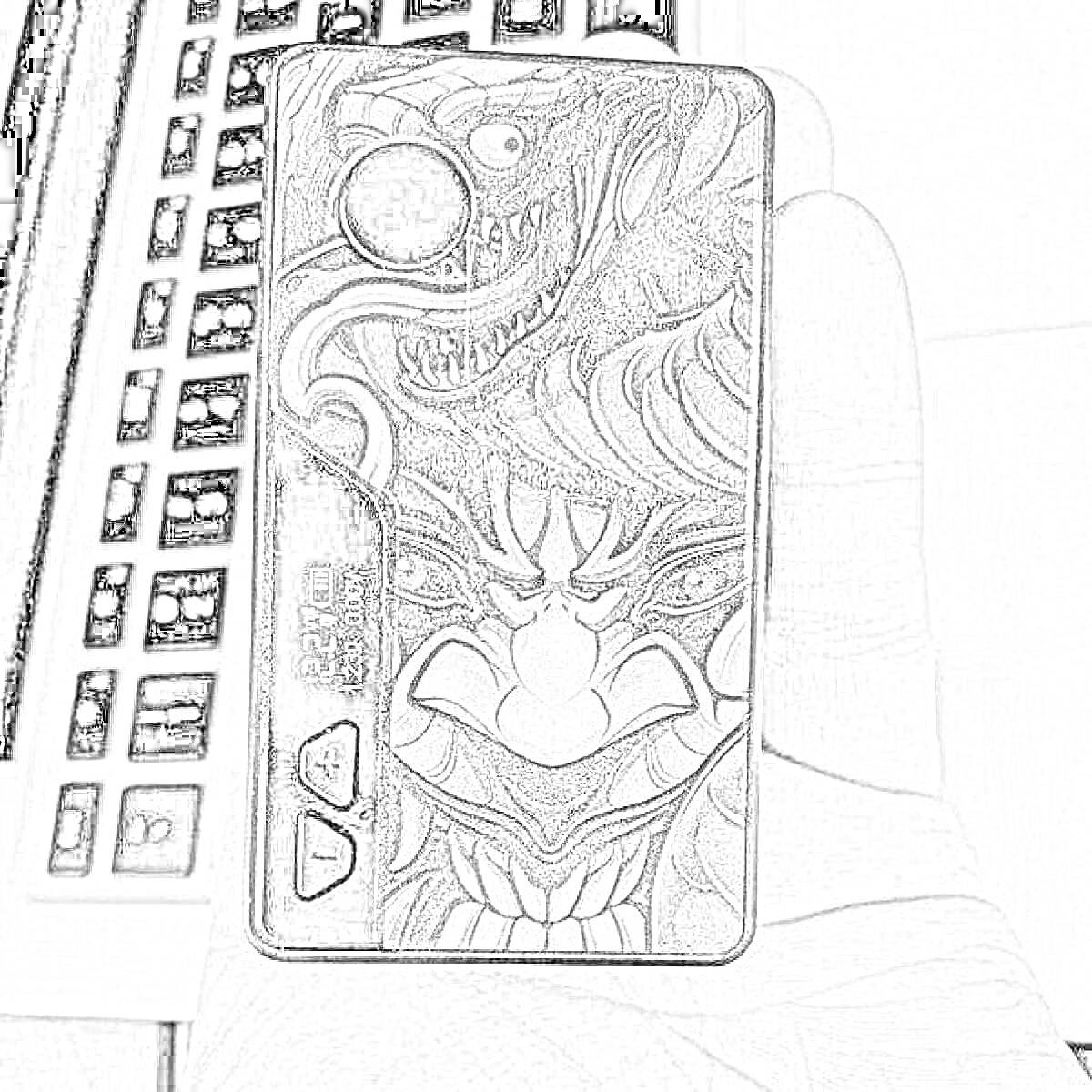 Раскраска электронное устройство Manto AIO Plus с рисунками дракона и лица демона