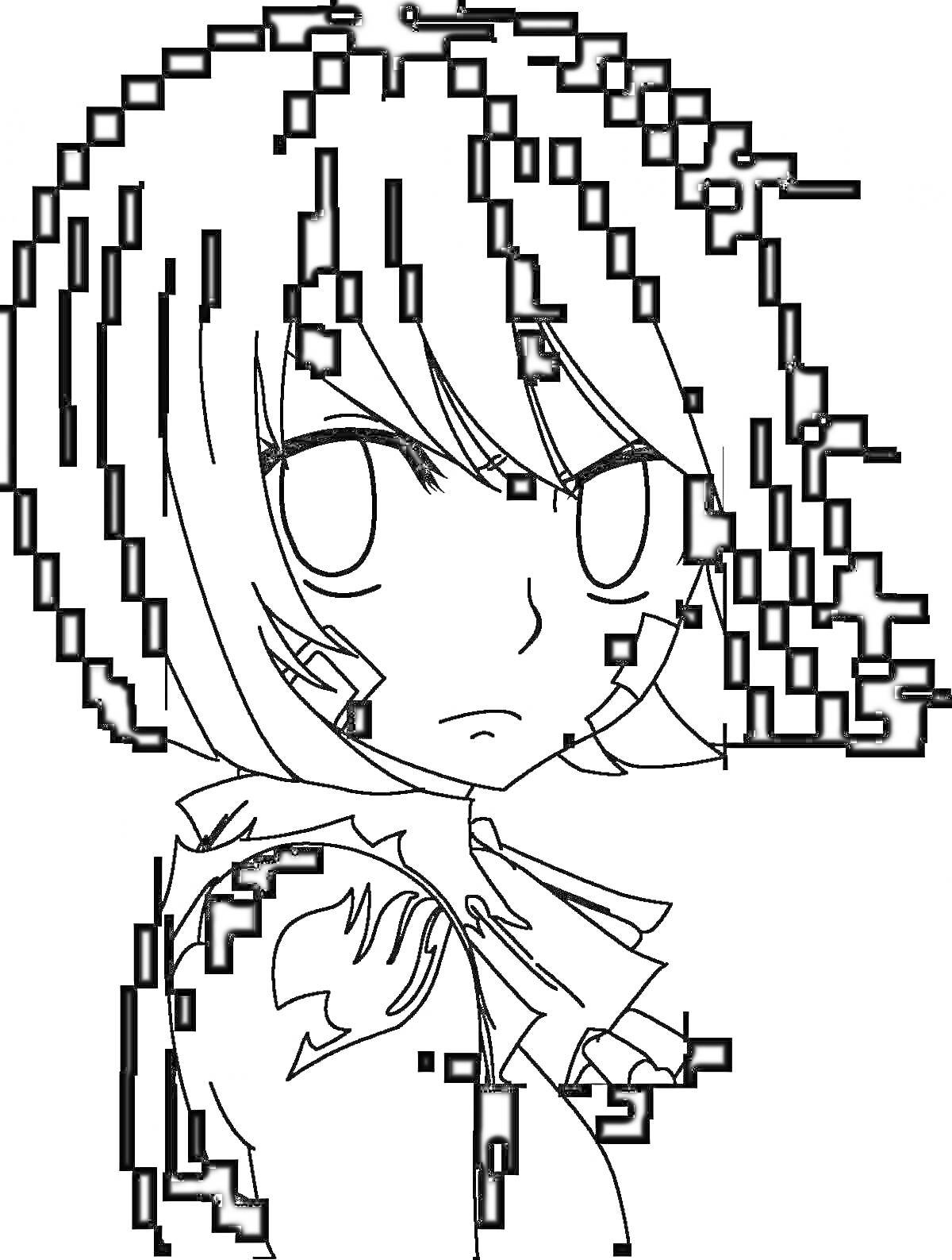 Раскраска Аниме лицо с пиксельными элементами, короткие волосы и серьёзное выражение лица
