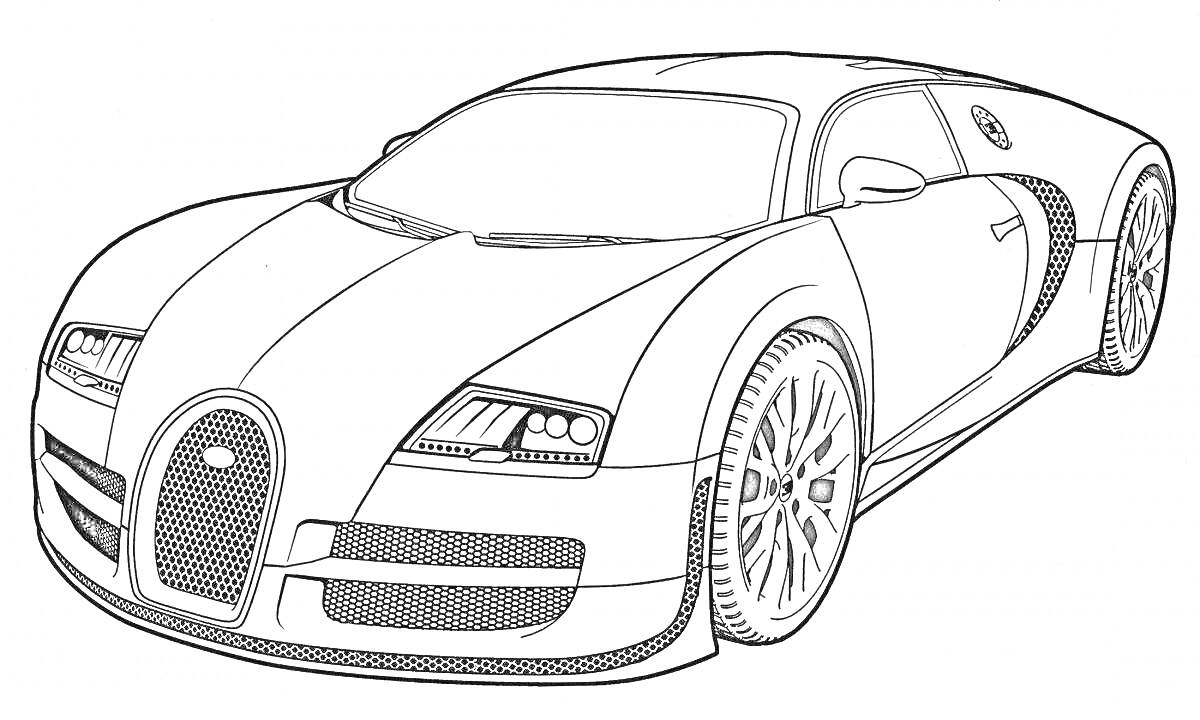 На раскраске изображено: Bugatti, Спорткар, Транспорт, Роскошный автомобиль