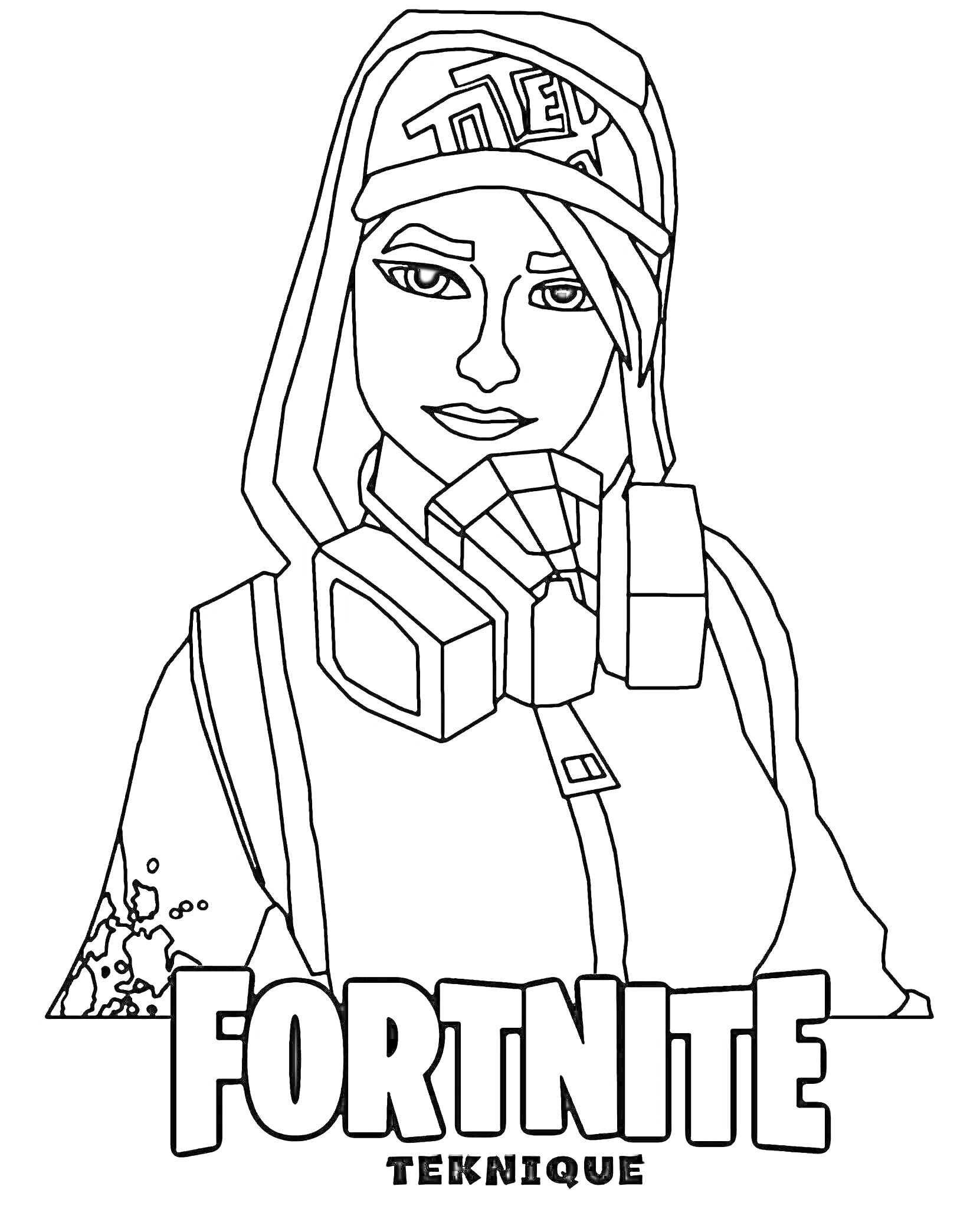 Девушка в кепке и с респиратором, с татуировкой на руке, надпись Fortnite Teknique