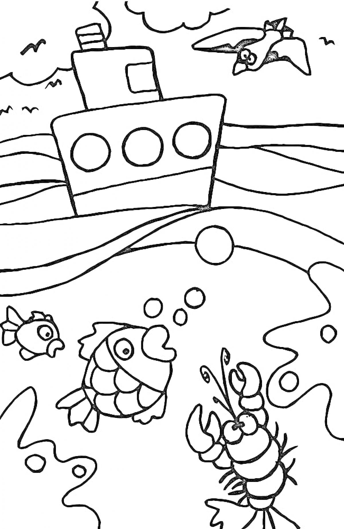 Раскраска Пляж с кораблем, рыбами и чайкой. На картинке изображен большой корабль на волнах, летящая чайка, две рыбы в воде и лобстер на берегу.
