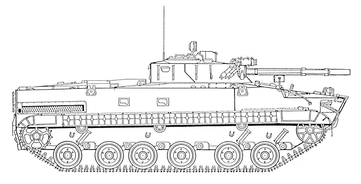 Раскраска Боевая машина пехоты (БМП-2) с пушкой, антеннами, гусеницами и башней