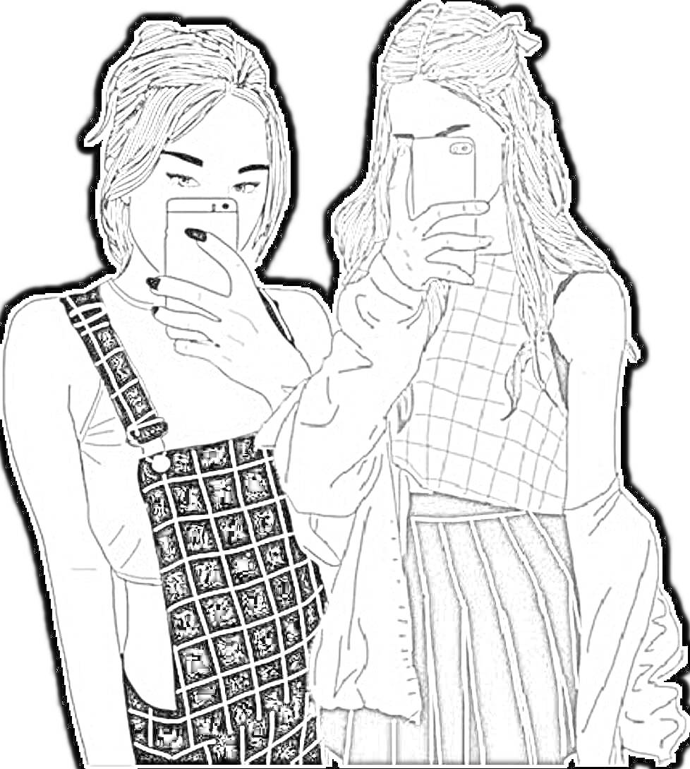 Раскраска Девушки с телефонами, полосатые и клетчатые наряды