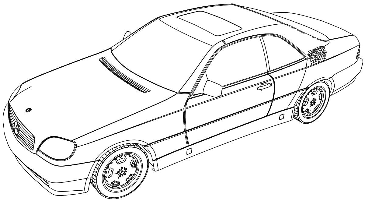 Линия раскраски автомобиля Mercedes с деталями экстерьера, включая колеса, двери, боковые зеркала и крыши