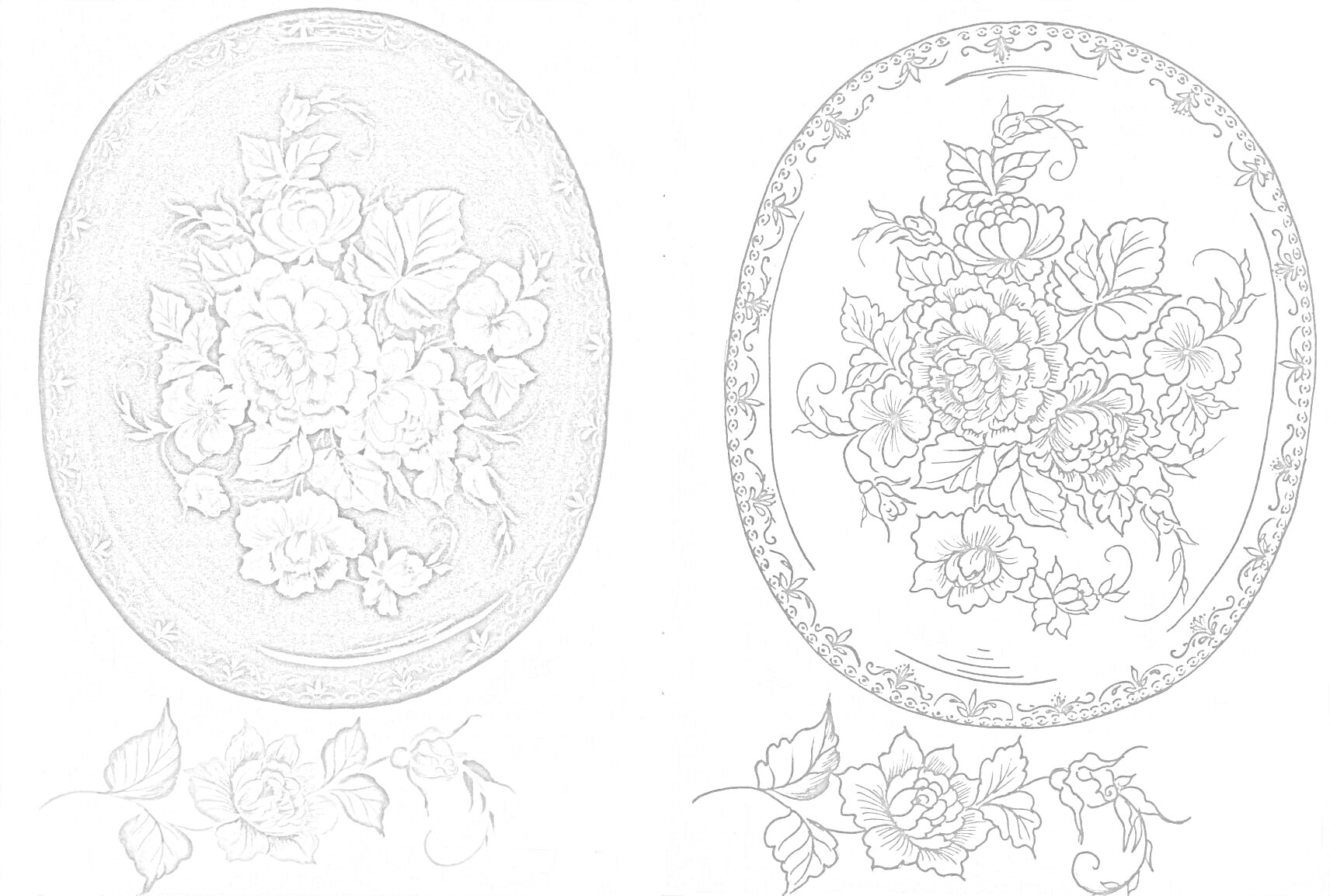 Жостовская роспись на овальном металле с центральным элементом в виде букетов крупных цветов, с малым количеством листьев и бутонов по краям