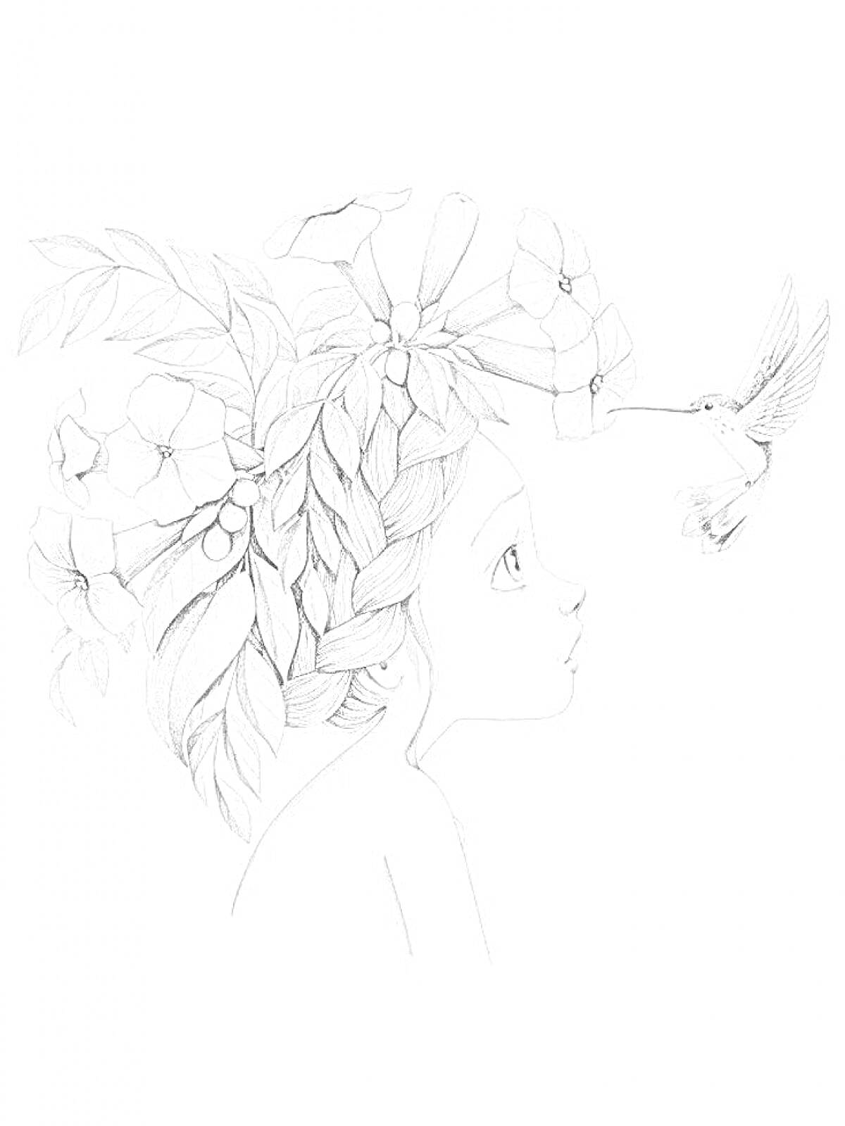 На раскраске изображено: Девочка, Цветочный венок, Колибри, Цветы, Листья, Акварель