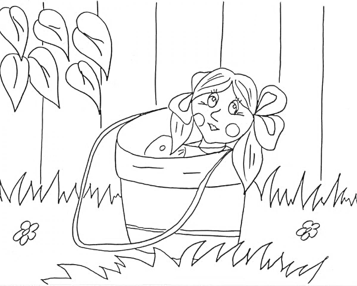 Раскраска Девочка в ведре на фоне забора, листьев и травы