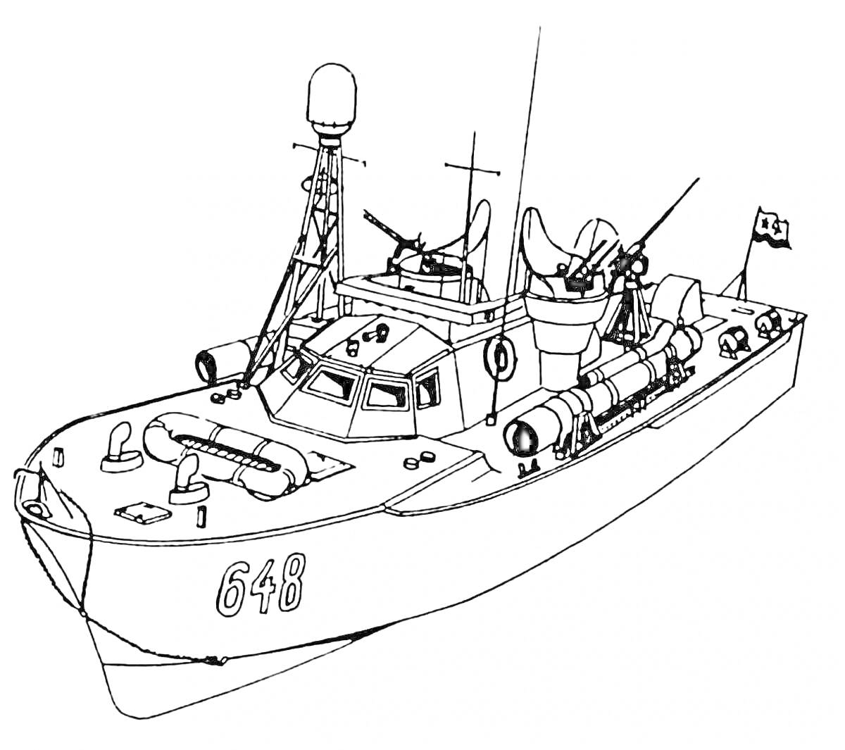 На раскраске изображено: Антенны, Флаг, Боевой корабль, Морская техника, Военная техника, Военный корабль
