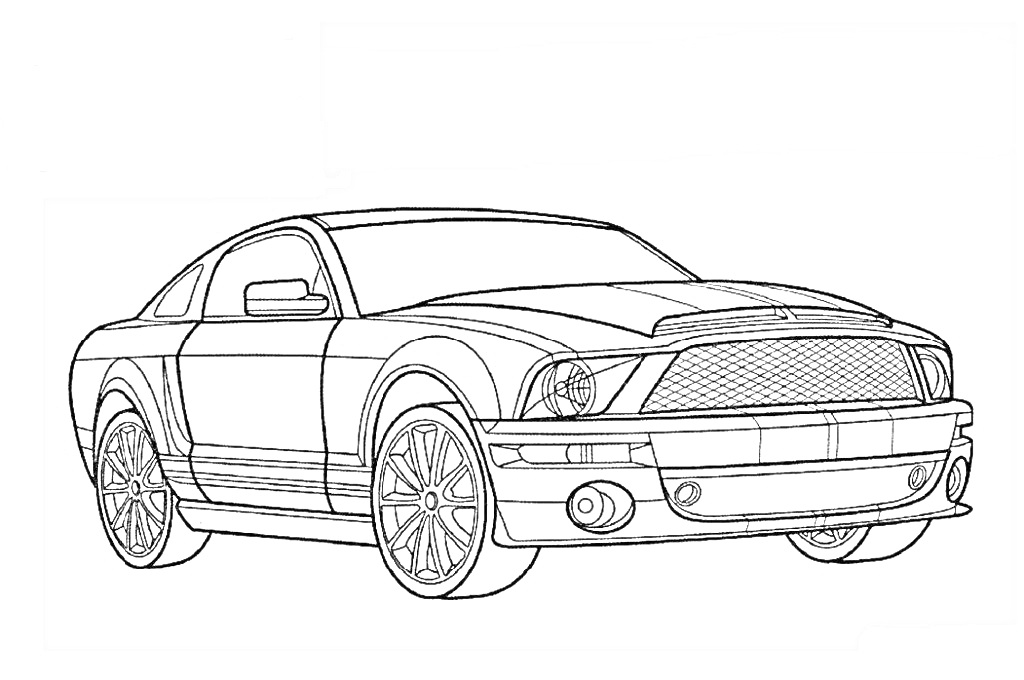 Раскраска Мустанг, вид сбоку, спортивный автомобиль, прорисованные детали кузова и колес