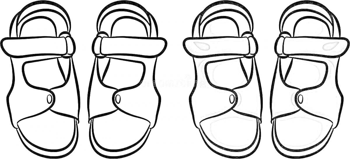 Раскраска Пара сандалий, одна чёрно-белая и одна раскрашенная