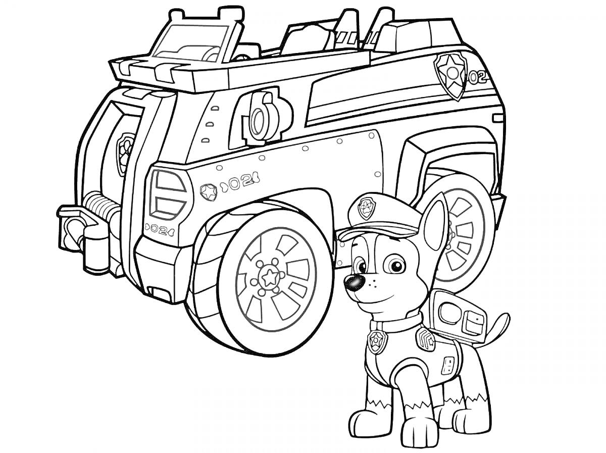 Раскраска Щенок-спасатель в униформе и патрульная машина
