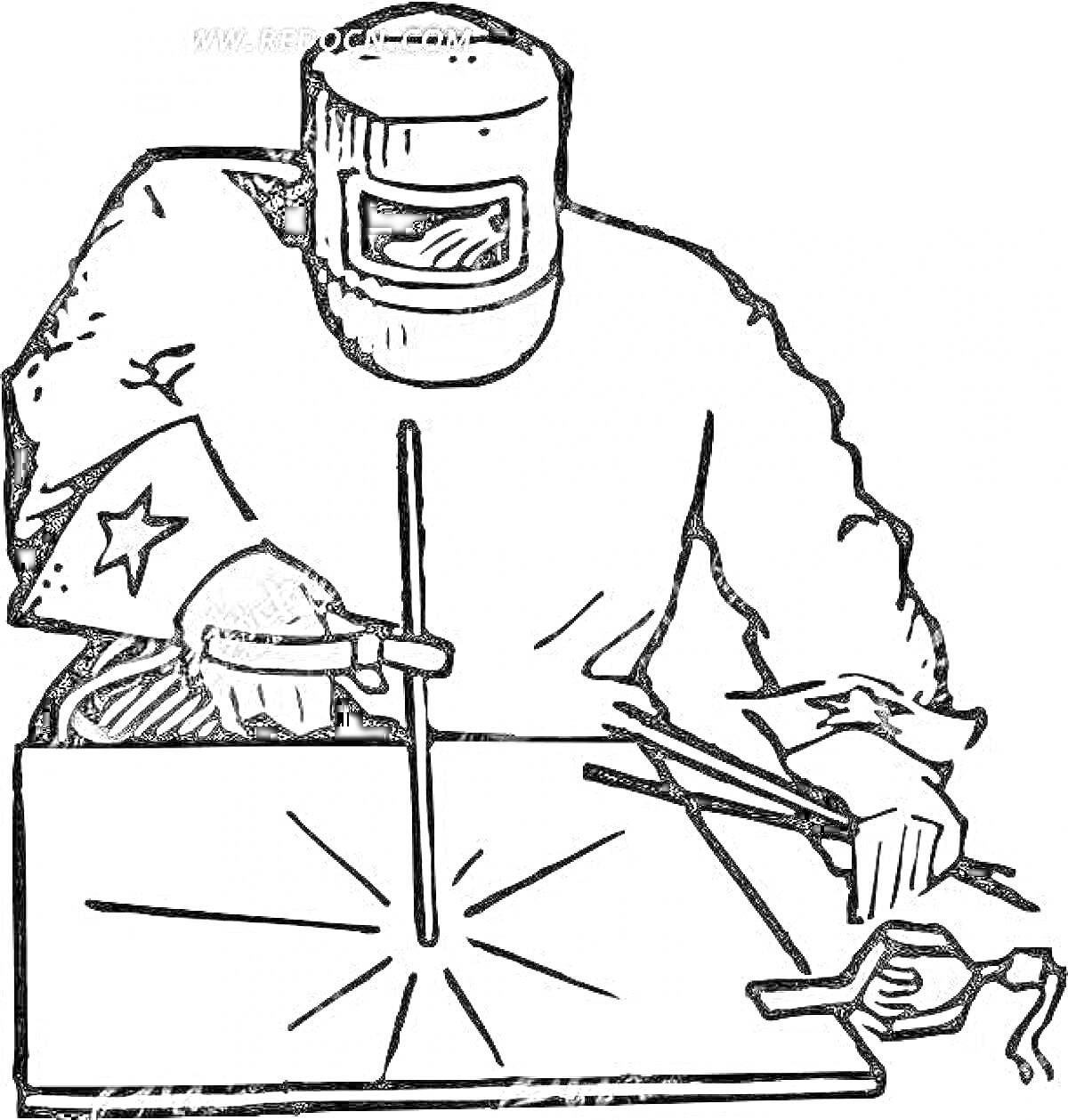 На раскраске изображено: Сварщик, Сварка, Металл, Маска, Рукавицы, Халат, Работа, Безопасность, Зажим, Проволока, Деталь