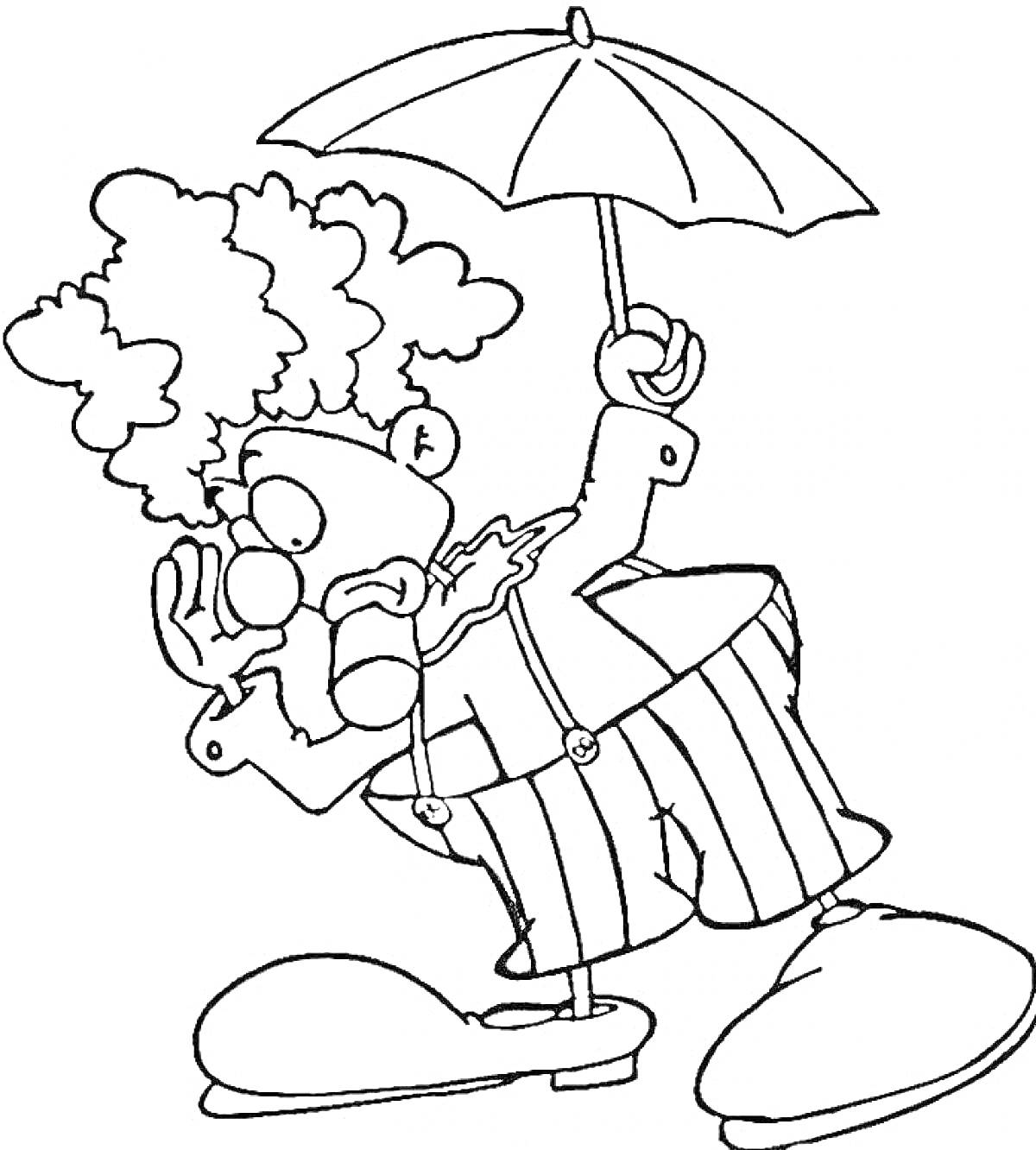 Клоун с зонтом в полосатых брюках и больших ботинках