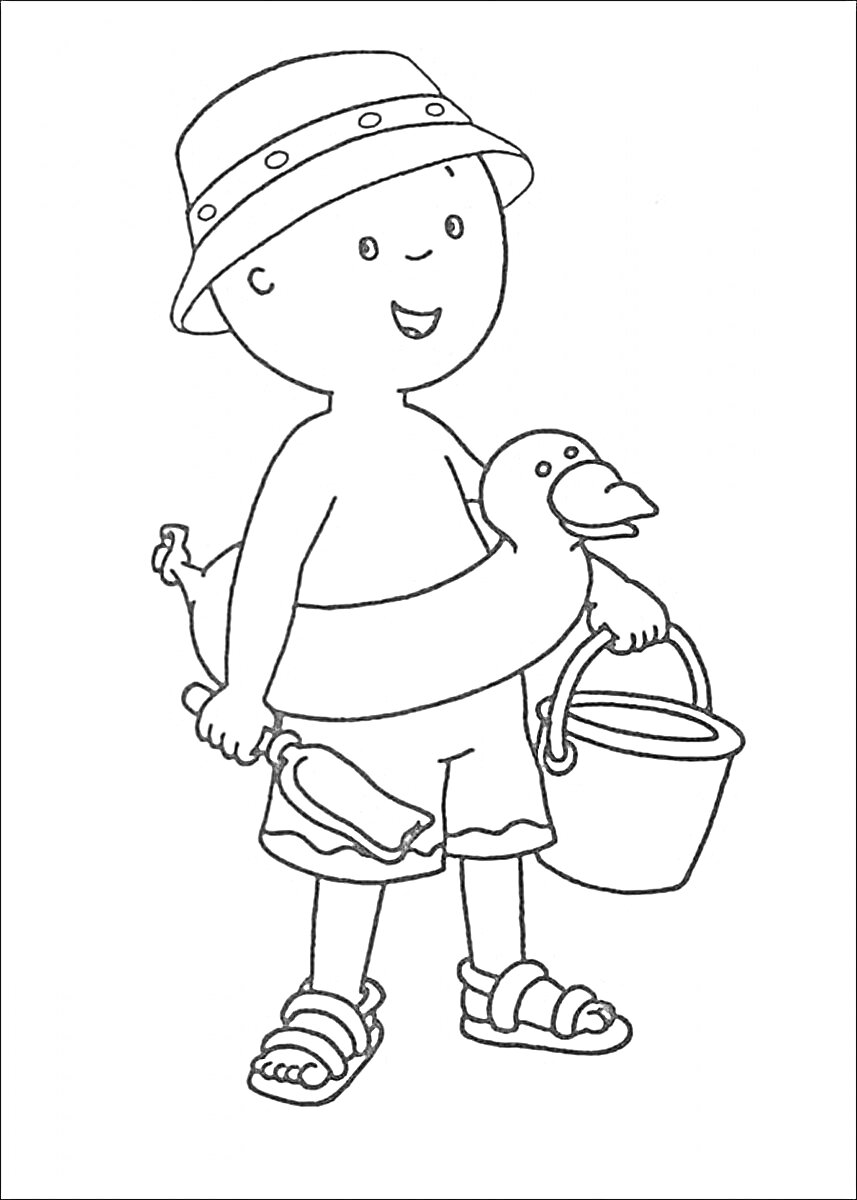 Мальчик с ведром и игрушечным утёнком, в шляпе и с лопаткой