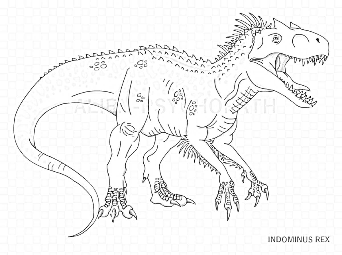 Раскраска Индоминус Рекс с открытой пастью на прозрачном фоне