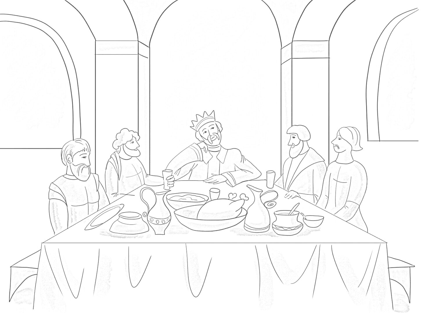 На раскраске изображено: Король, Пир, Средневековье, Терем, Гости, Рыцари, Еда, Стол, Посуда, Окна, Трапеза