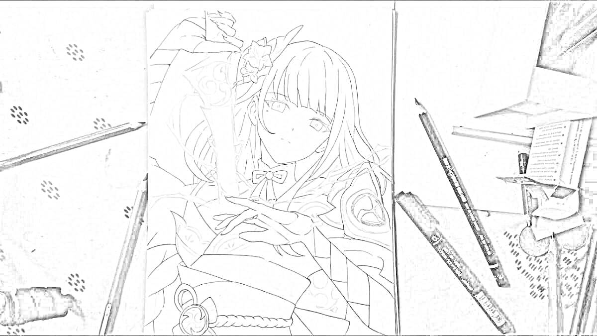 Раскраска Раскраска персонажа Райден Сёгун из игры Genshin Impact с мечом в руках. На изображении видно лицо Райден с длинными волосами и несколько декоративных элементов в фоне, которые могут быть цветами или узорами. Рядом с рисунком лежат карандаши, маркеры, точ