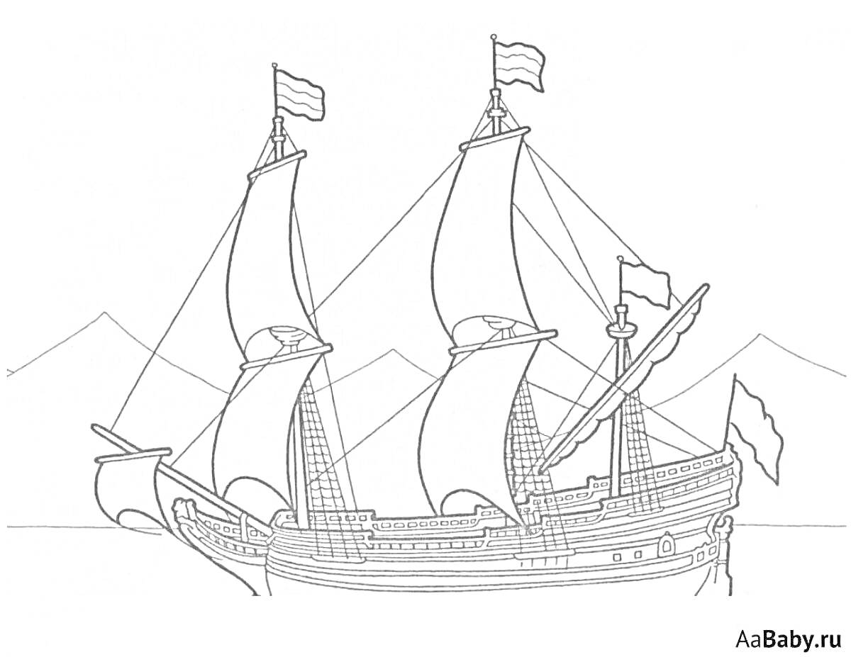 На раскраске изображено: Корабль, Горы, Петр I, Мореплавание, Судно
