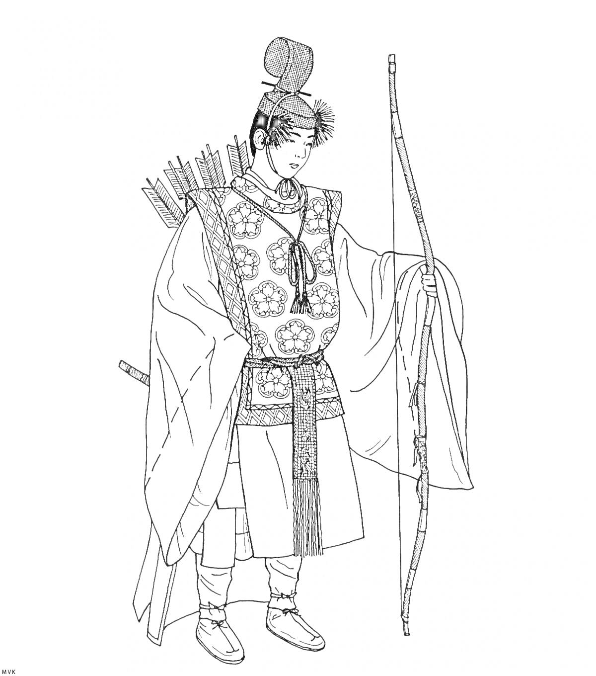 На раскраске изображено: Лучник, Лук, Традиционная одежда, Мужчина, Кимоно, Воин, Исторический костюм