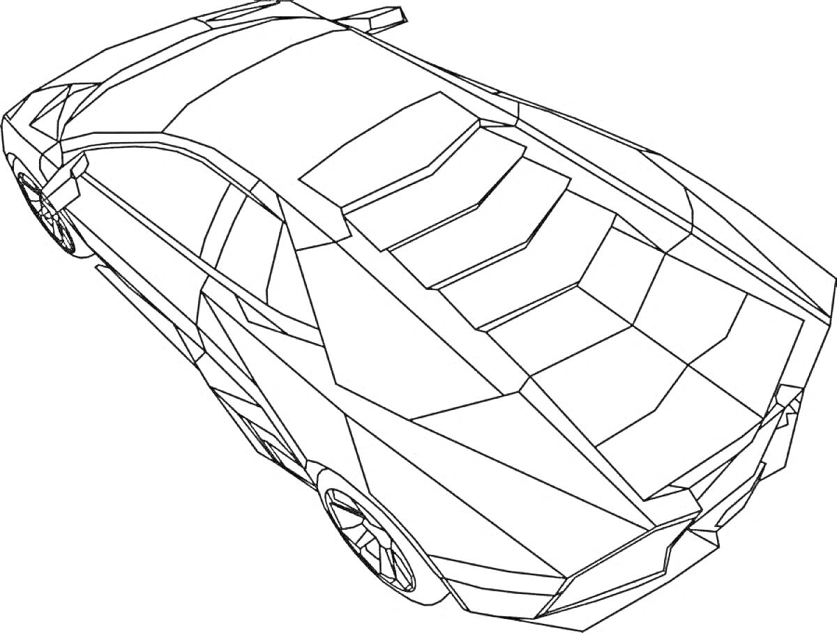 Контур автомобиля Lamborghini с акцентом на детали корпуса, включая воздушные заслонки, задний спойлер и диски колес.
