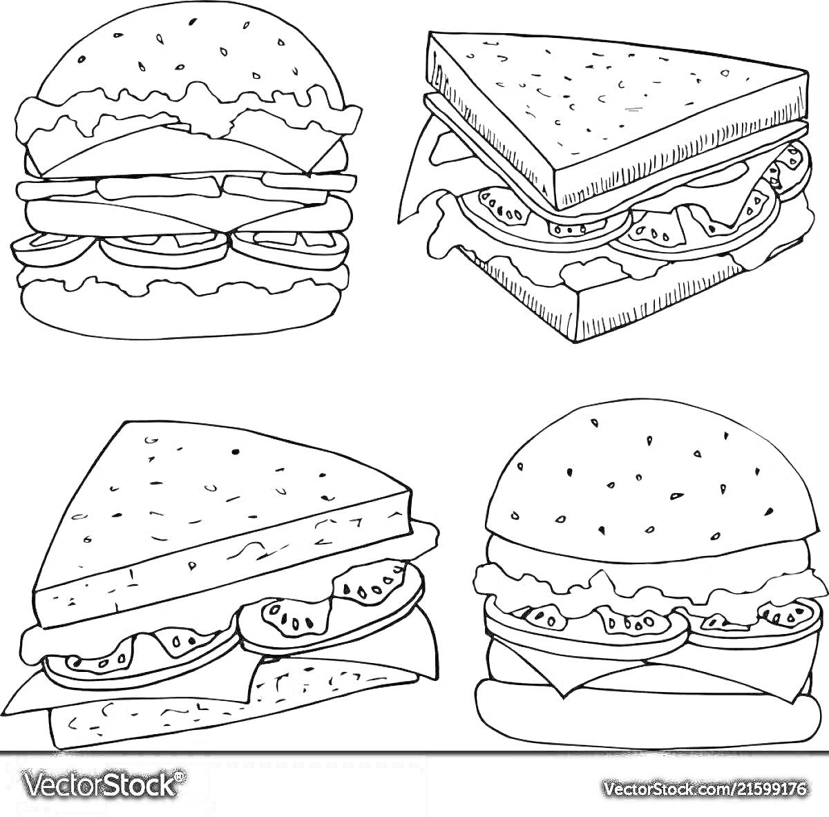 Раскраска Две булочки с бургером и два треугольных сэндвича с овощами