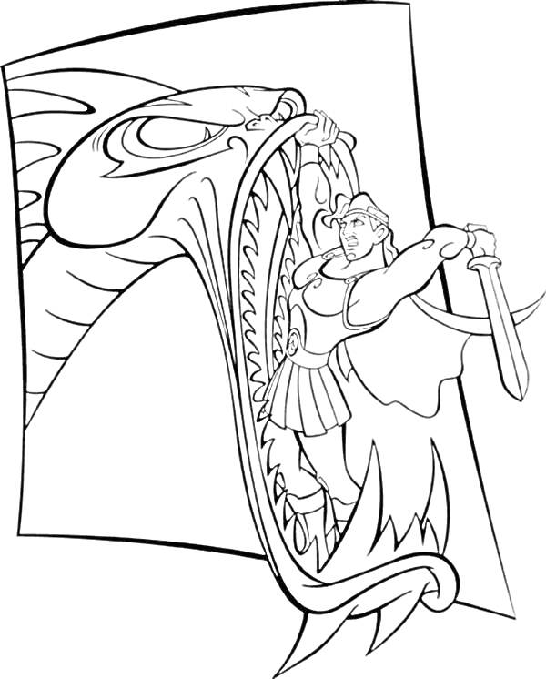 Раскраска Геркулес борется с огромным драконом, держа его пасть