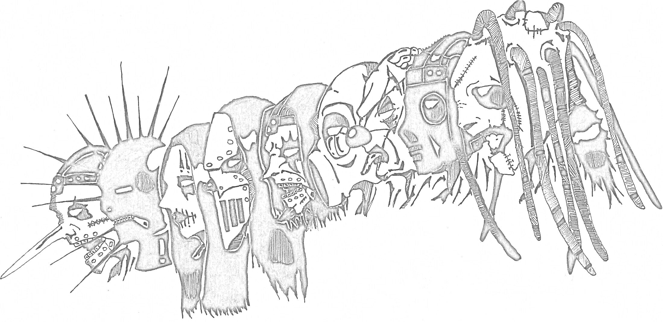 Раскраска Маски участников группы «Слипкнот» выстроенные в ряд, различные подробные узоры и элементы масок (шипы, ремни, длинные волосы, длинные отростки и т.д.)