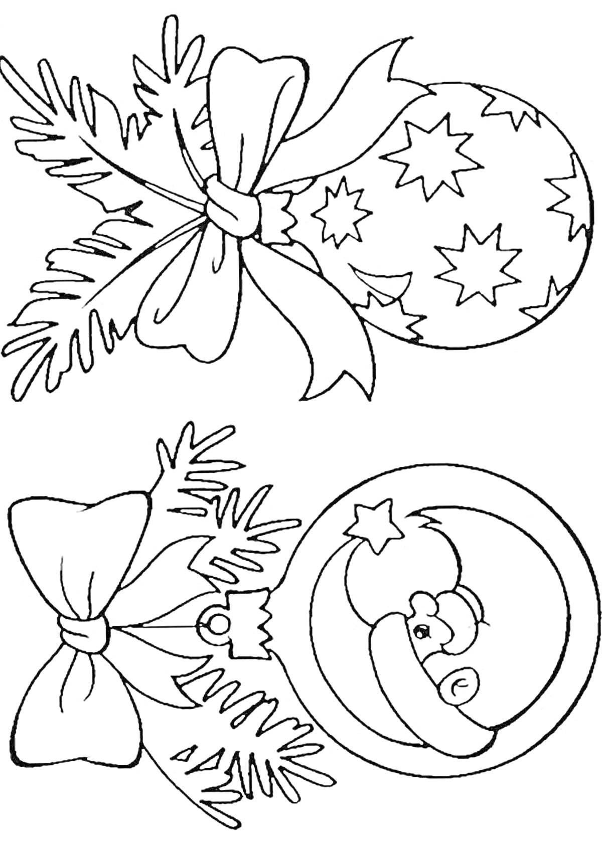 Раскраска Ёлочные игрушки с еловыми ветками и бантами: шар со звездами и шар с Дедом Морозом