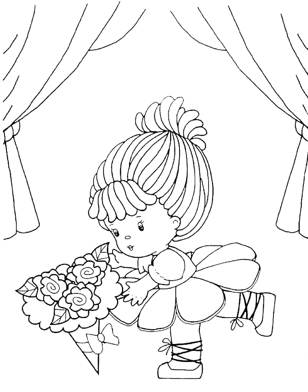 Раскраска Кукла-балерина с букетом цветов на сцене с занавесом
