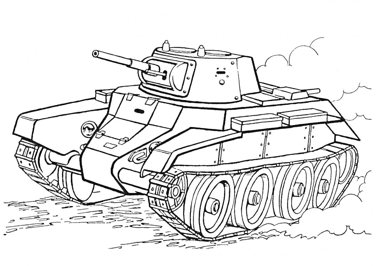 Раскраска Танковая раскраска с изображением боевой машины, гусеницы, дуло, башня, антенна, следы от гусениц, облако пыли