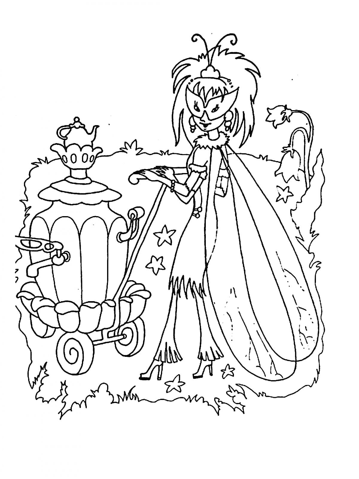 Раскраска Муха с самоваром на тележке и цветком на заднем плане