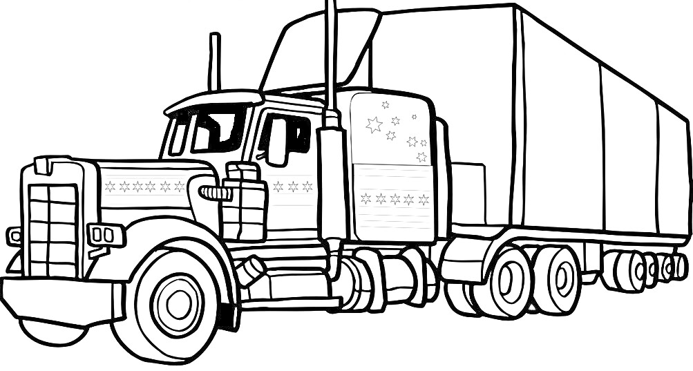 Раскраска Грузовик с прицепом: тягач с кабиной, спойлер над кабиной, передний бампер, передние фары, боковые зеркала, боковые окна, топливный бак, колеса, прицеп с тентом