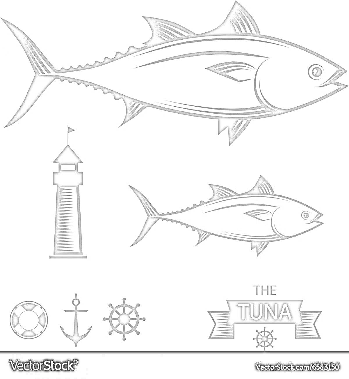 На раскраске изображено: Тунец, Рыба, Маяк, Спасательный круг, Штурвал, Лента
