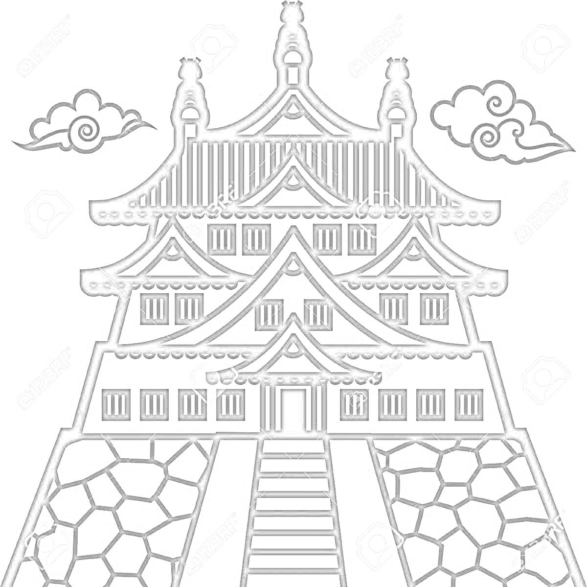 На раскраске изображено: Японский дом, Многоэтажный дом, Лестница, Облака, Традиционная архитектура, Азиатский стиль, Элементы, Крыша, Окна, Каменные стены