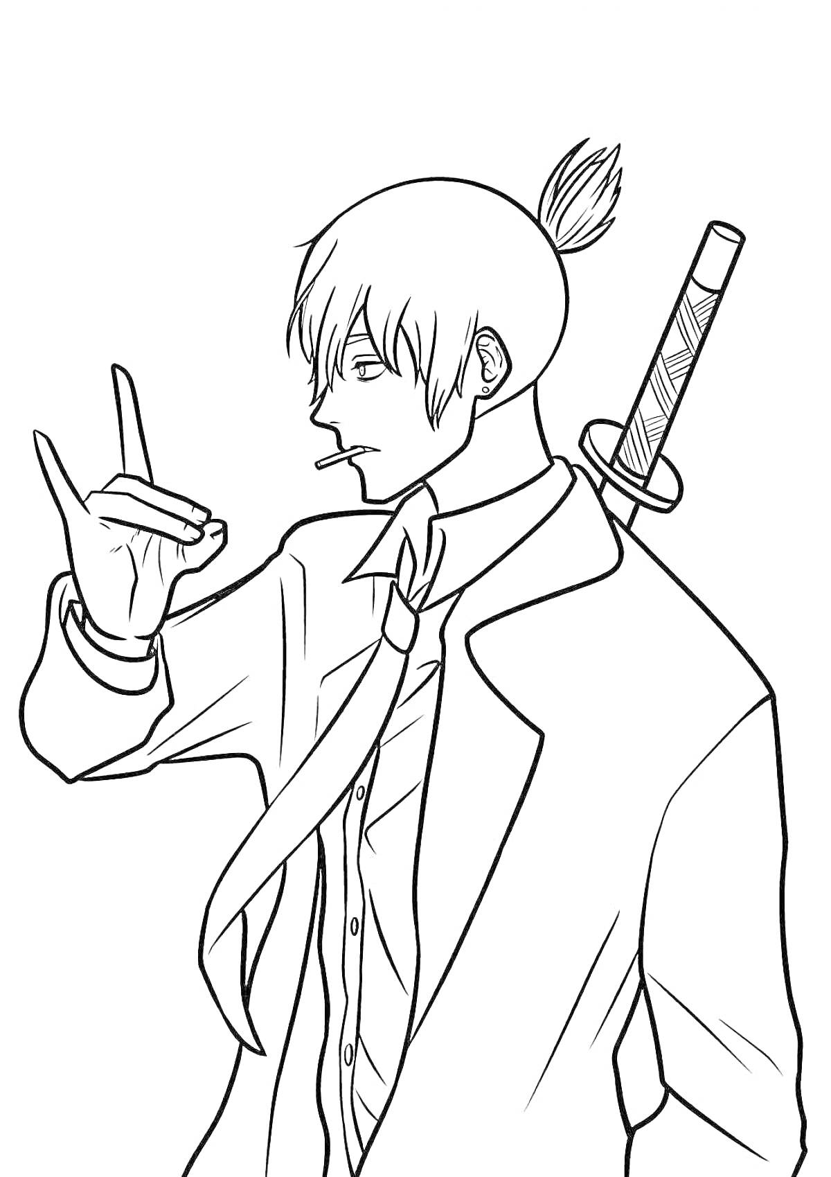 Раскраска Персонаж из аниме «Человек-бензопила» с мечом на плече