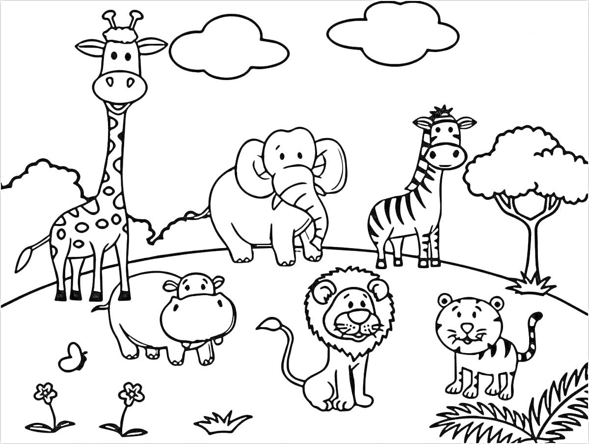 На раскраске изображено: Слон, Бегемот, Лев, Тигр, Облака, Деревья, Трава, Цветы, Бабочка, Животные, Жирафы, Зебры