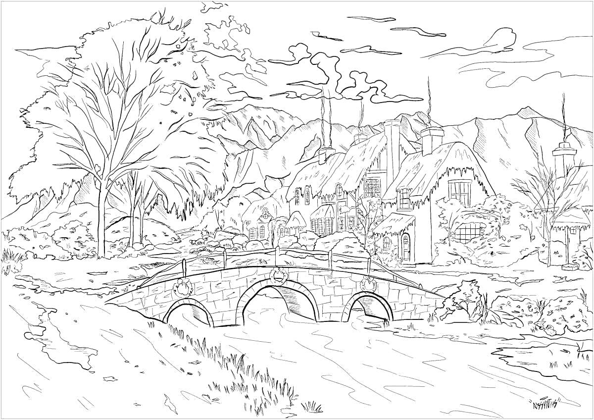 Раскраска Пейзаж с мостом через реку, деревней, деревьями и горами