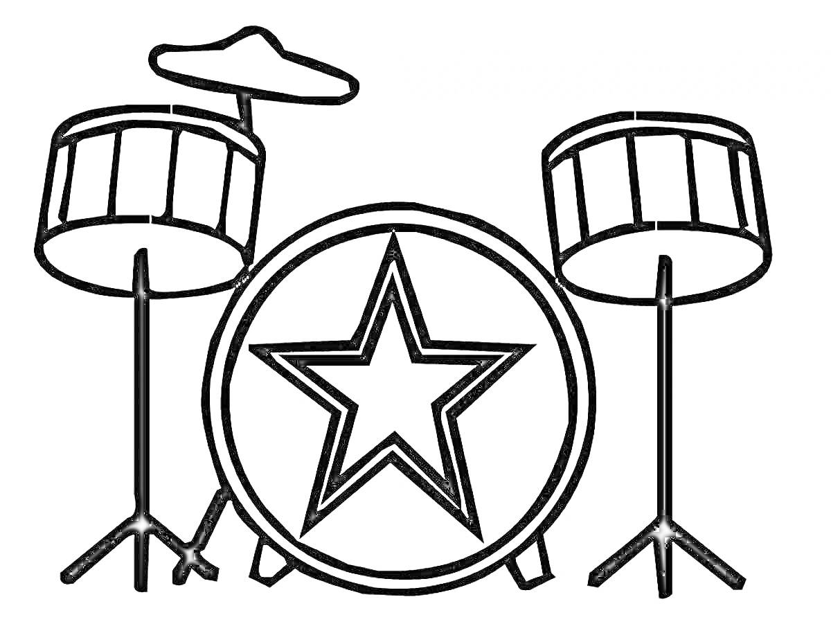 Раскраска Барабанная установка с бас-барабаном со звездой, двумя томами и тарелкой
