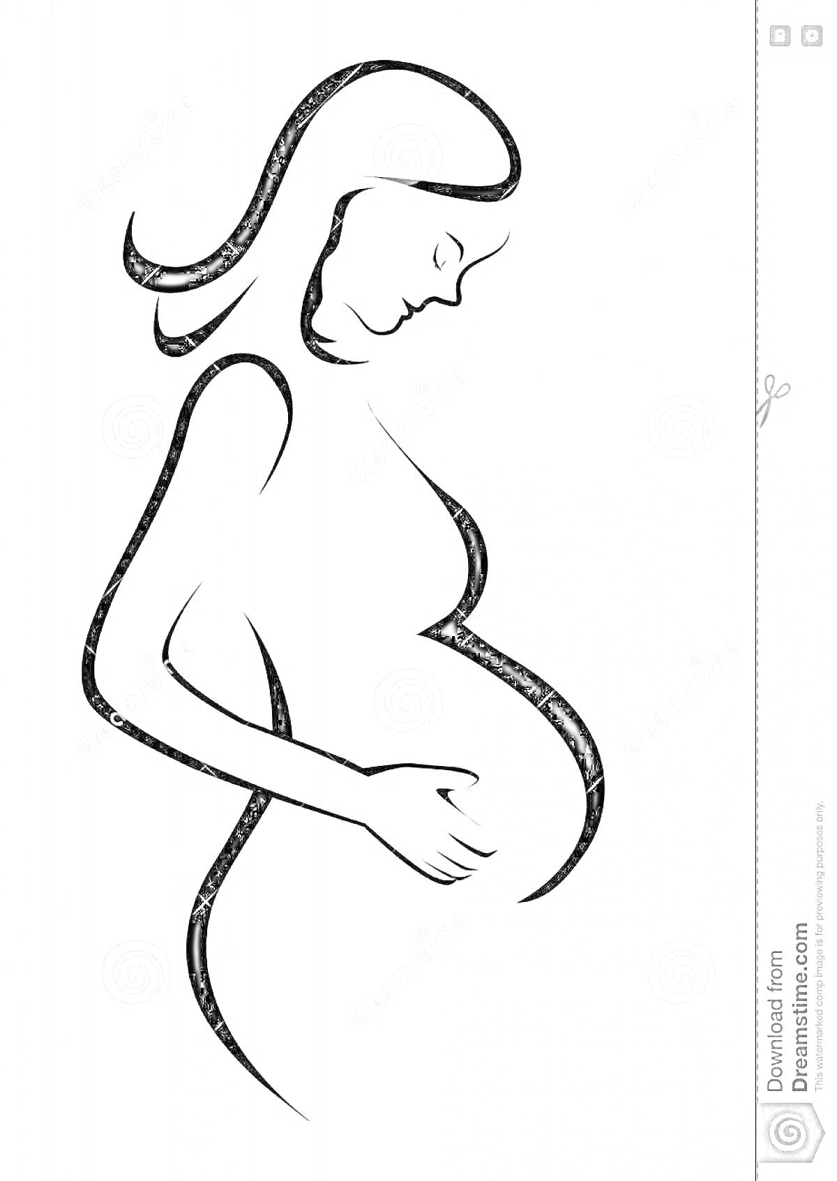 На раскраске изображено: Мама, Профиль, Беременность, Ожидание, Ребенок, Линия искусства
