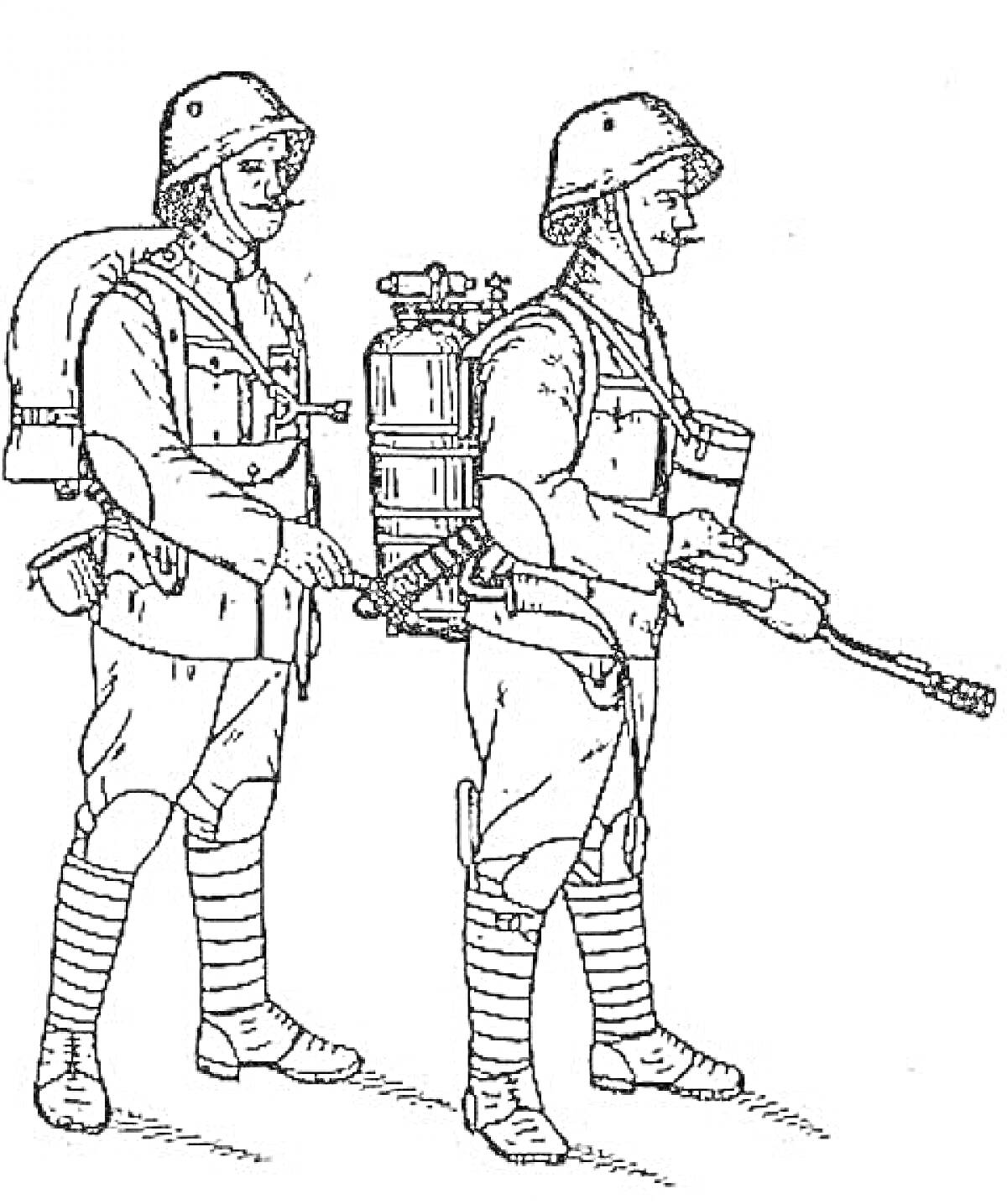 На раскраске изображено: Огнемет, Шлемы, Униформа, Канистра, Оружие, Боеприпасы, Война, Экипировка