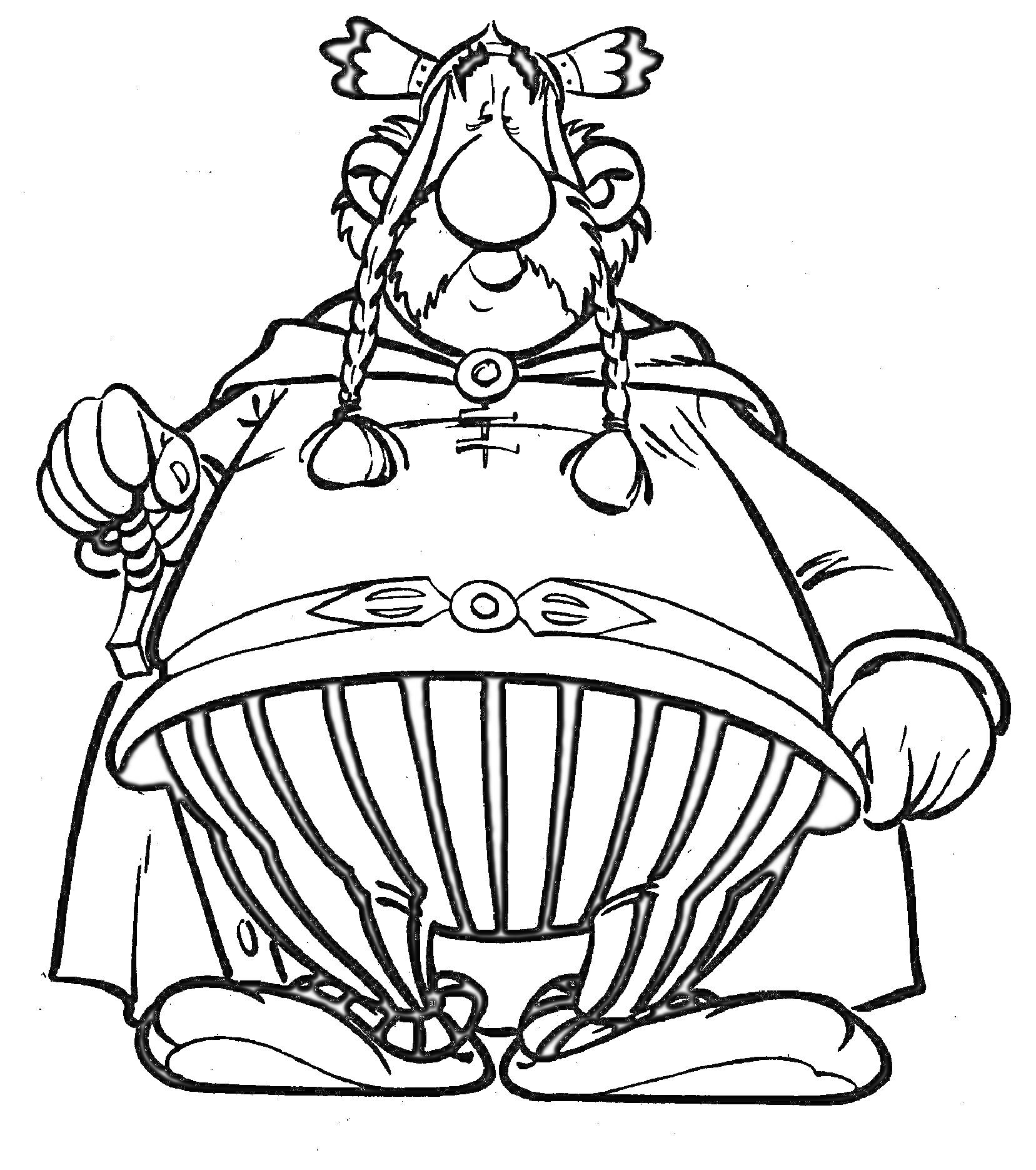 Раскраска Обеликс в полосатых штанах с поднятой правой рукой и висящими косичками