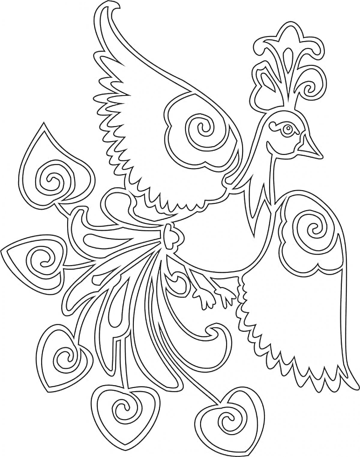 Раскраска Жар-птица с узорными перьями и крыльями, фантазийная птица с большими глазами и завитками на перьях