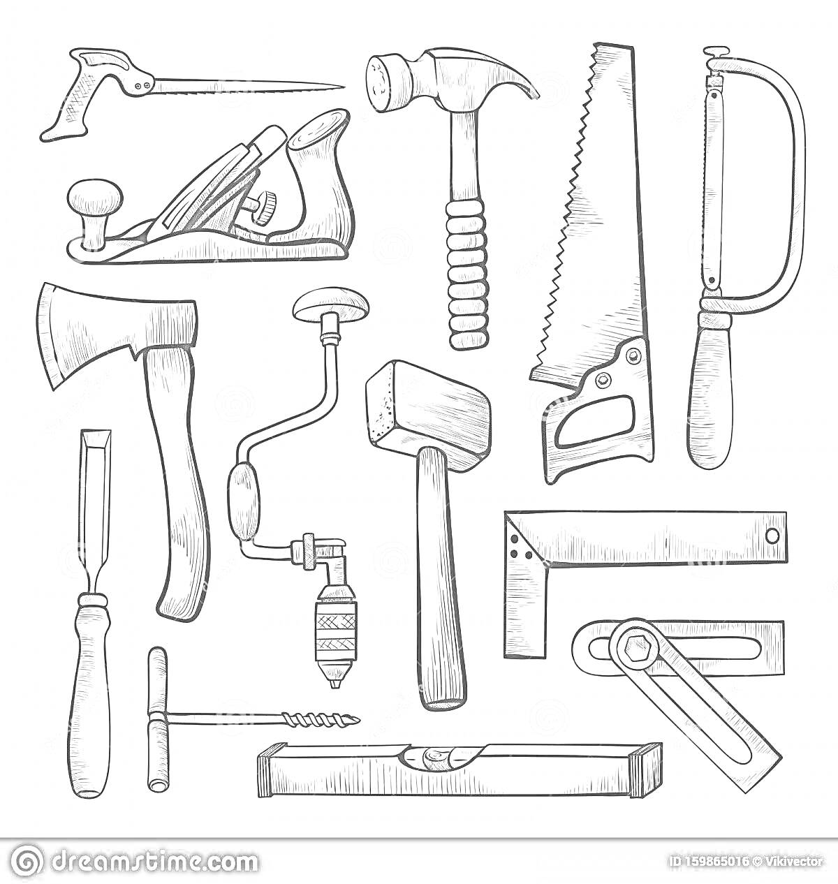 На раскраске изображено: Ножовка, Молоток, Ручная пила, Рубанок, Отвертка, Сверло, Уровень, Угольник, Плоскогубцы, Подготовительная группа