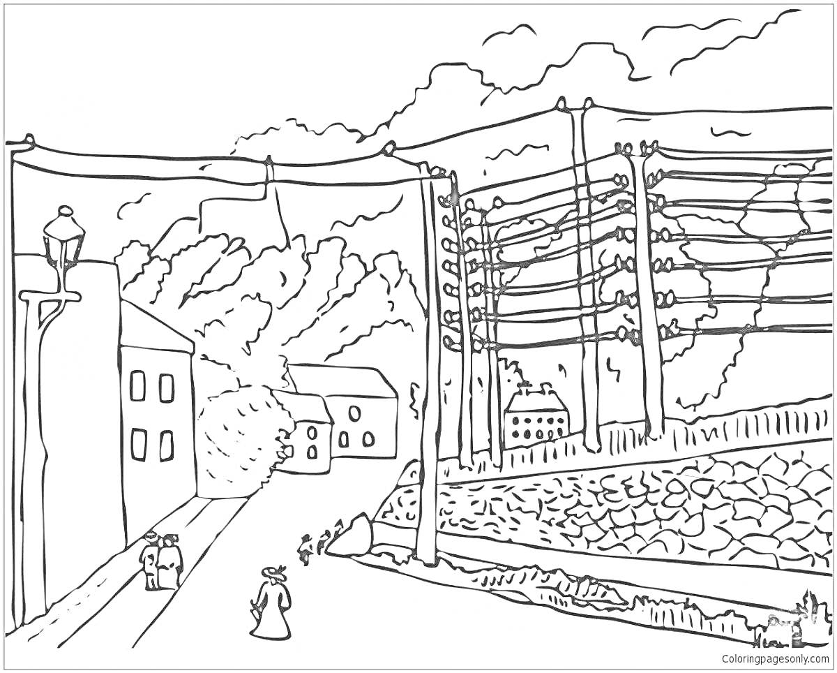 Раскраска Улица в Крыму с линиями электропередач, домами и пешеходами