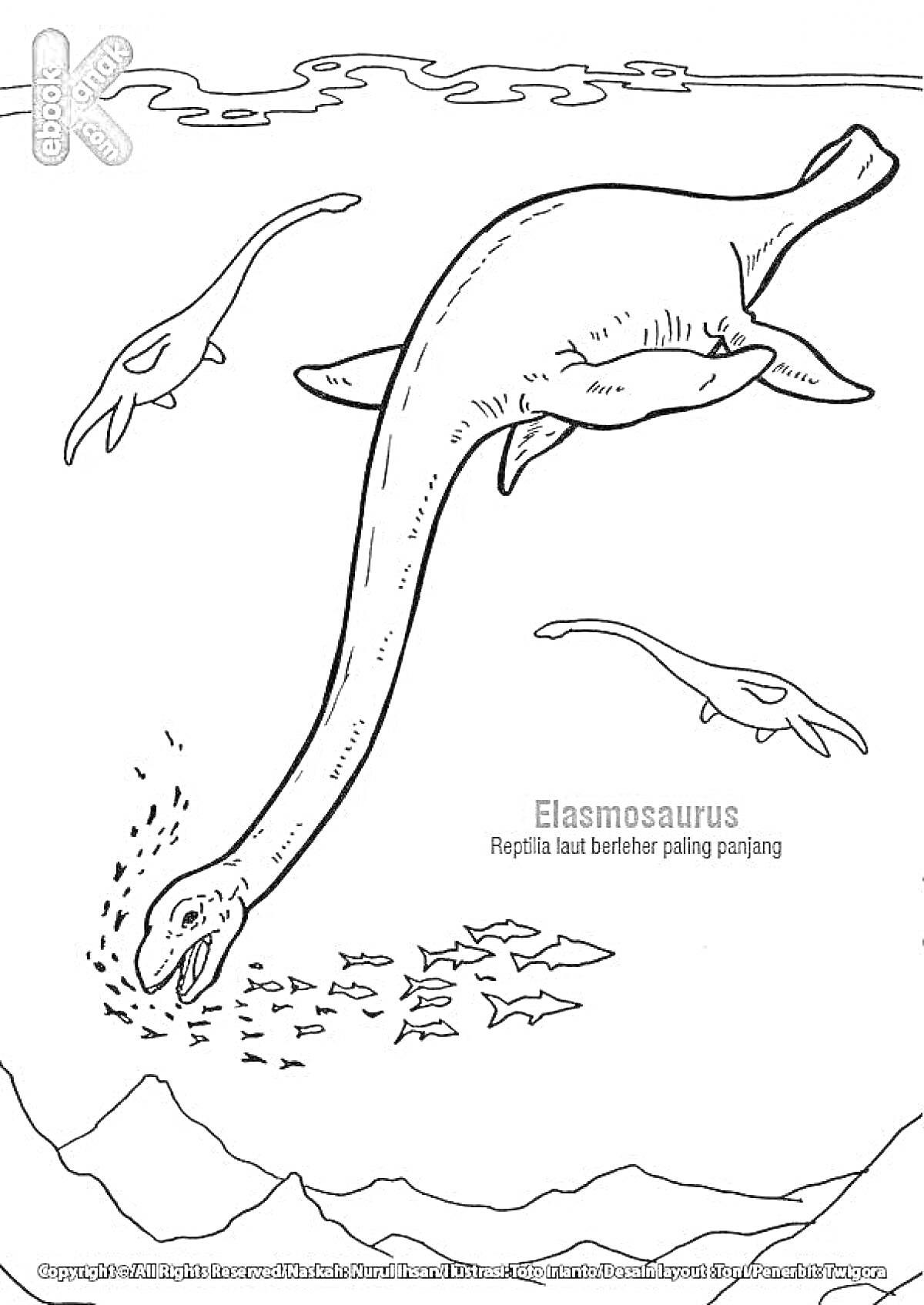 Раскраска Эласмозавр плавает в море с рыбами и другой морской живностью на фоне гор и облаков.